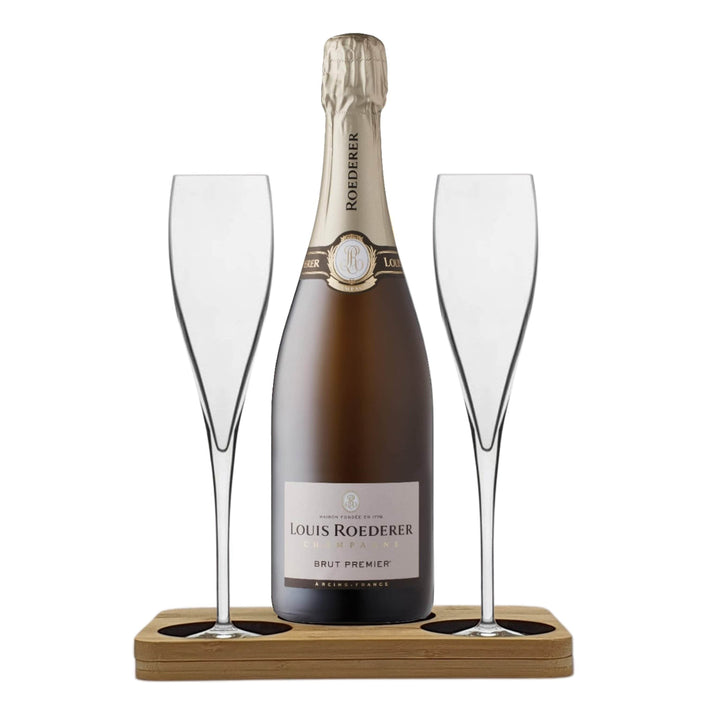 Personalised Louis Roederer Champagne Hamper Box includes Presentation Stand and 2 Fine Crystal Champagne Flutes