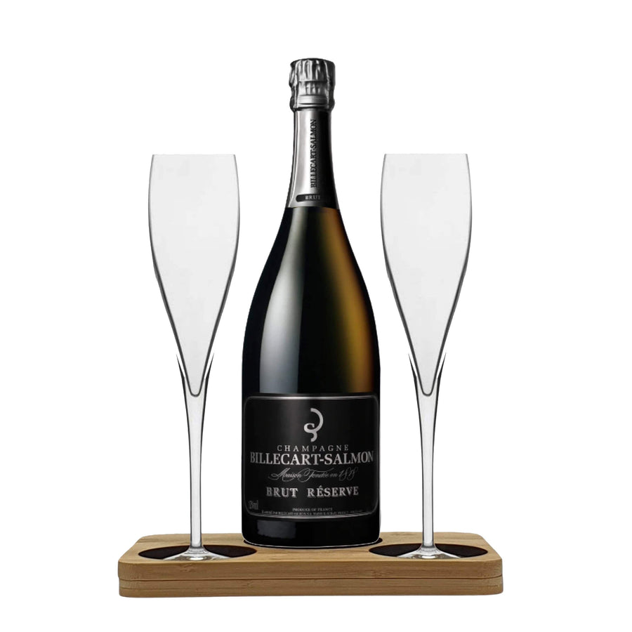 Billecart Salmon Brut Reserve Champagne Hamper Box includes Presentation Stand and 2 Fine Crystal Champagne Flutes