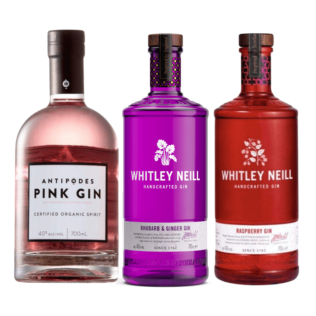 Whitley Neill Rhubarb and Ginger, Raspberry Gins & Antipodes Organic Pink Gin 700ml