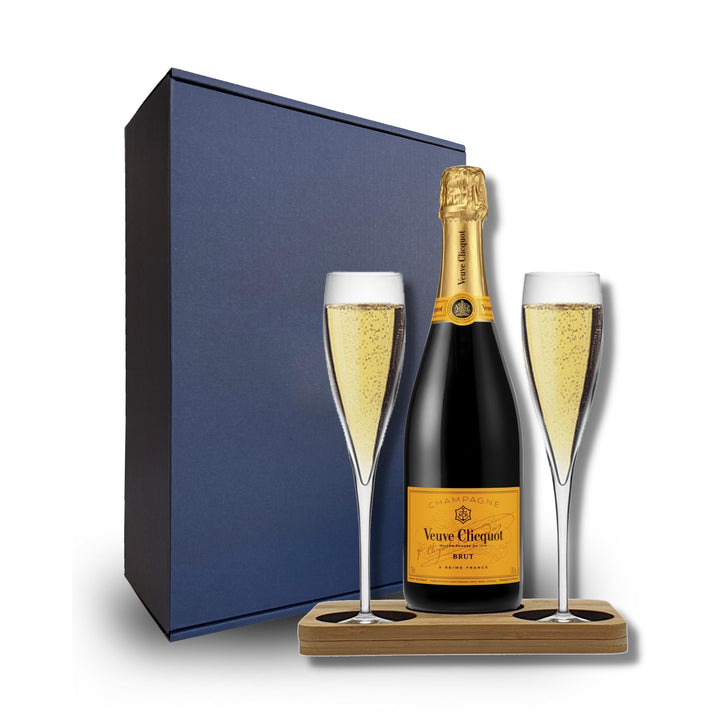 VEUVE CLICQUOT GIFT HAMPER - Includes 2 Pack Champagne Flutes and Wooden Presentation Stand