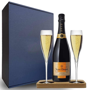 Personalised Veuve Clicquot Vintage 2015 Hamper Box includes Presentation Stand and 2 Fine Crystal Champagne Flutes
