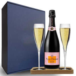 Personalised Veuve Clicquot Rose Hamper Box includes Presentation Stand and 2 Fine Crystal Champagne Flutes