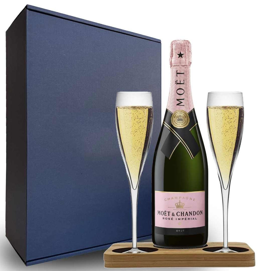 Personalised Moet & Chandon Rose Hamper Box includes Presentation Stand and 2 Fine Crystal Champagne Flutes