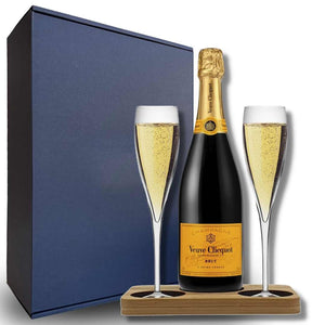 Personalised Veuve Clicquot Hamper Box includes Presentation stand and 2 Fine Crystal Champagne Flutes