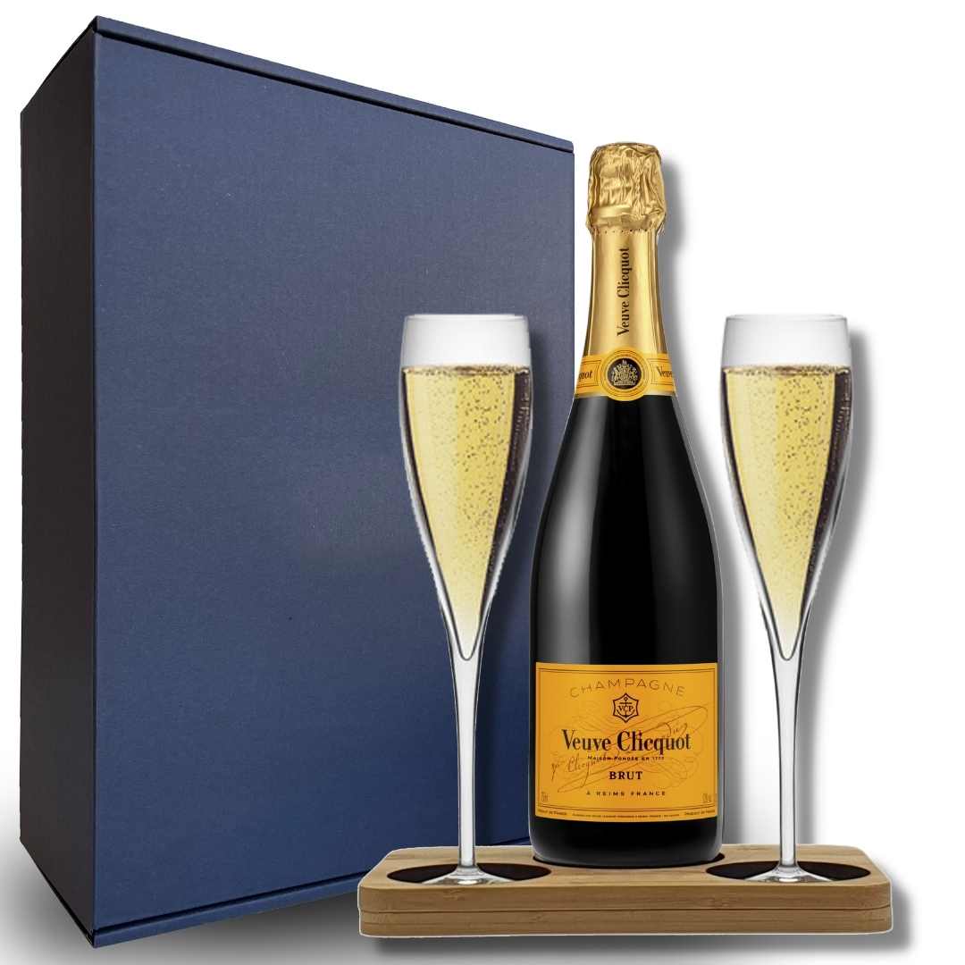 Veuve Clicquot Gift Hamper - Includes 2 Fine Crystal Champagne Flutes and Wooden Presentation Stand