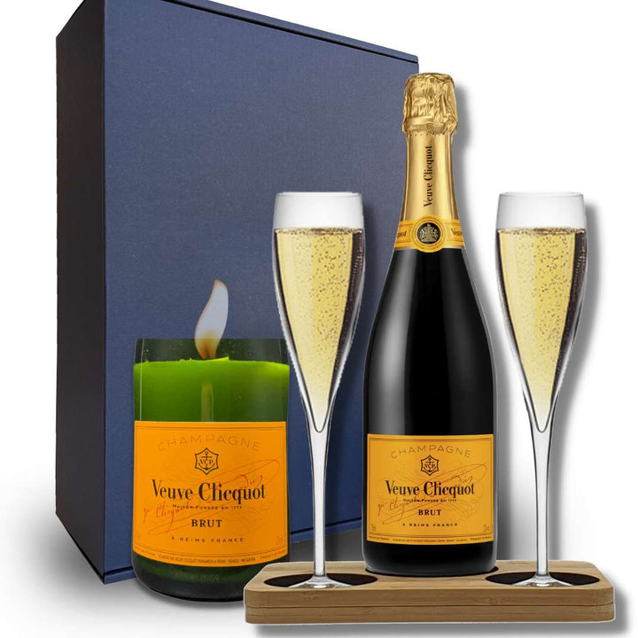 Personalised Veuve Clicquot & Candle Hamper Box includes Presentation Stand and 2 Fine Crystal Champagne Flutes