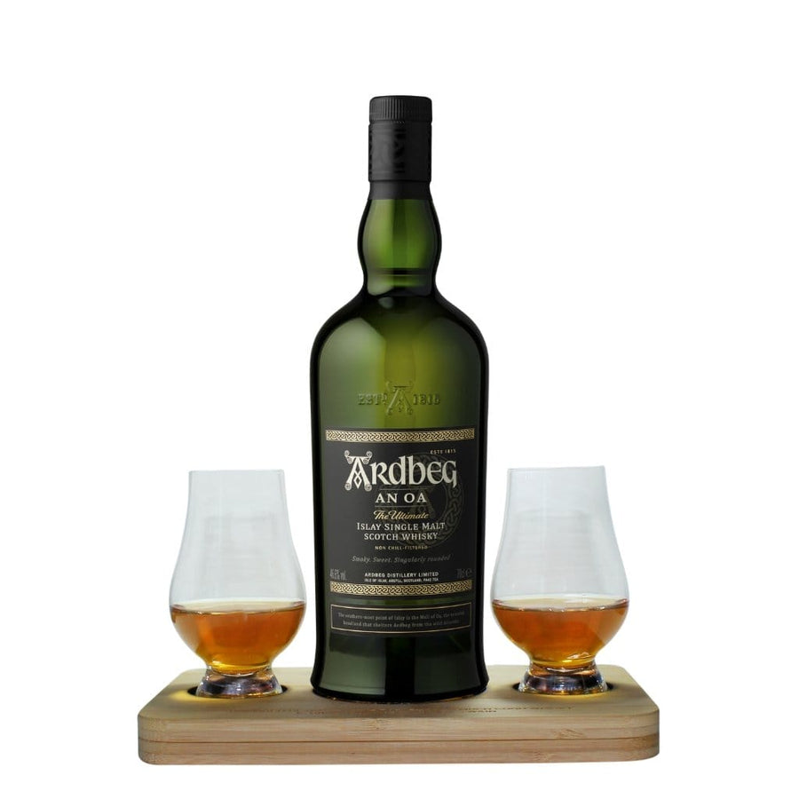 Ardbeg An Oa Whisky Tasting Gift Set Hamper Box includes Wooden Presentation Stand plus 2 Original Glencairn Whisky Glasses
