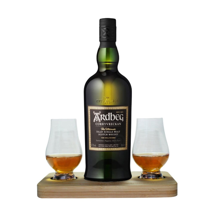 Ardbeg Corryvreckan Islay Single Malt Whisky includes Wooden Presentation Stand plus 2 Original Glencairn Whisky Glasses