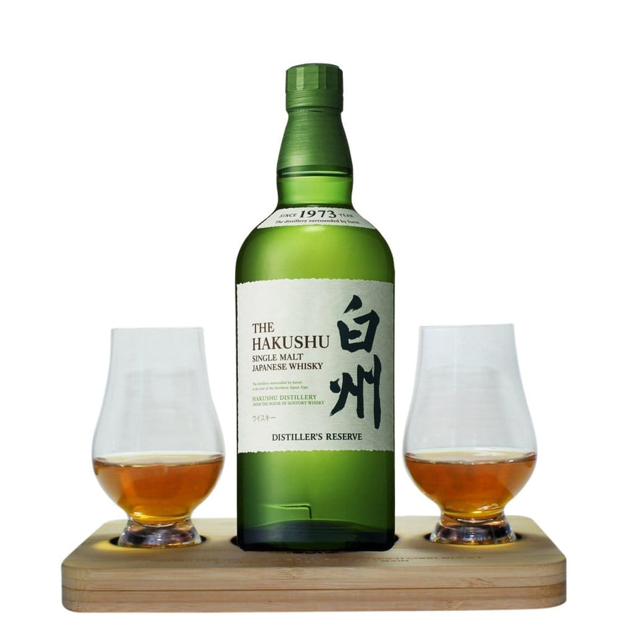 The Hakushu Distiller's Reserve Whisky Tasting Gift Box includes Wooden Presentation Stand plus 2 Original Glencairn Whisky Glasses