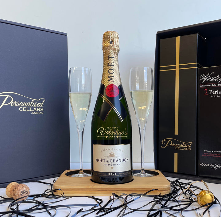 Valentine's Day Edition Moet & Chandon Gift Hamper - includes 2 Pack Champagne Flutes includes Wooden Presentation Stand