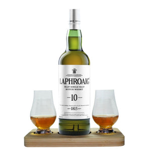 Laphroaig 10 Year Old Whisky Tasting Gift Set includes Wooden Presentation Stand plus 2 Original Glencairn Whisky Glasses