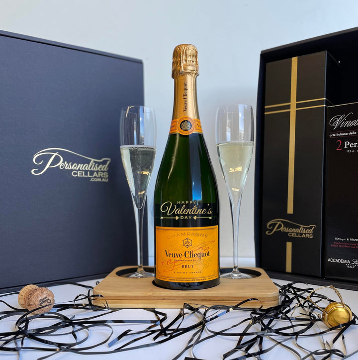 Valentine's Day Veuve Clicquot Gift Hamper - includes 2 Pack Champagne Flutes includes Wooden Presentation Stand